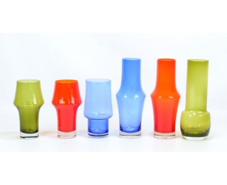 RIIHIMAKI; six variously coloured glass vases, the three taller height 25cm (6).Additional InformationSmaller blue glass vase