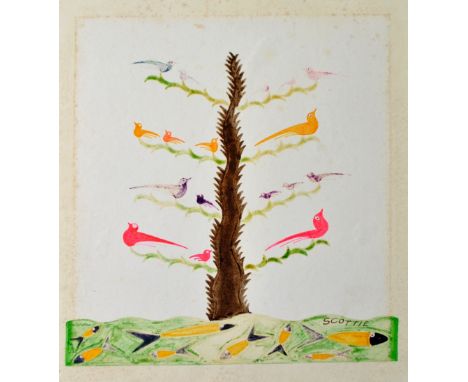 SCOTTIE WILSON (Scottish, 1888-1972); watercolour, 'Hummingbirds on Tree', signed lower right and dated 1960 verso, with desc