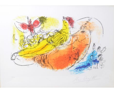 AFTER MARC CHAGALL; coloured print, figural scene, bearing signature and numbered 59/90, 35 x 48cm, framed and glazed.