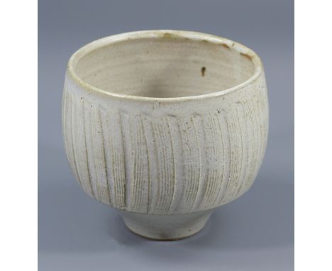 DAVID LEACH (1911-2005) for Lowerdown Pottery; a fluted stoneware bowl covered in pale grey glaze, impressed DL and pottery m