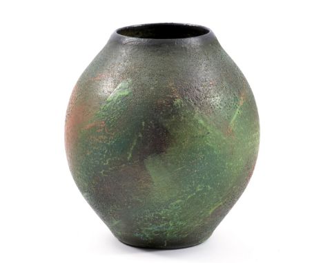 MO ABBARO (1935-2016); a stoneware vase, textured surface covered in green and red glaze, incised signature and date of 1990,