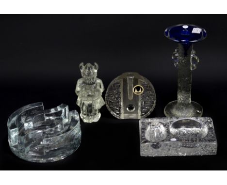 PUKEBERG; a clear and blue glass sculptural candlestick, height 21.5cm, a model viking and combination pipe holder and ashtra