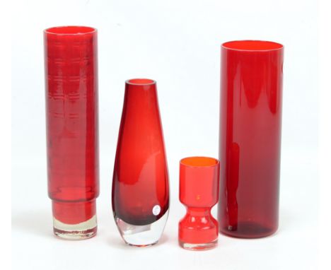 FABIAN LUNDQVIST FOR ALSTERFORS; an 'Optic' red and clear glass vase, height 27.5cm, a further smaller Alsterfors vase and tw