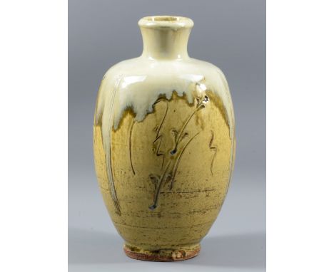 JIM MALONE (born 1946); a stoneware bottle covered in green ash glaze and nuka top with incised grass decoration, impressed J