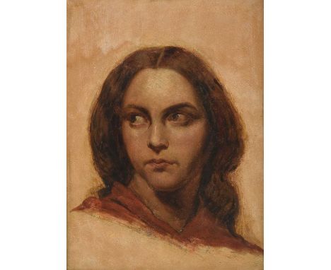 {} Circle of Paul Falconer Poole (1807-1879) Portrait of a lady wearing a red shawl, head and shouldersOil on panel, 39cm by 