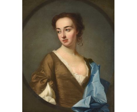 Attributed to Charles Jervas (1675-1739) IrishPortrait of a young lady, half-length, wearing a brown satin dress with white c