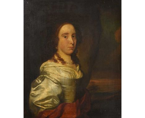 Circle of John Riley (1646-1691)Portrait of a lady, half-length before a landscape, wearing a white silk dress and chemise wi