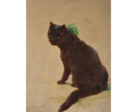 Maud Earl (1863-1943)Portrait of a cat, seated wearing a green bowSigned and dated 1907 in pencil, oil on canvas, 44.5cm by 3