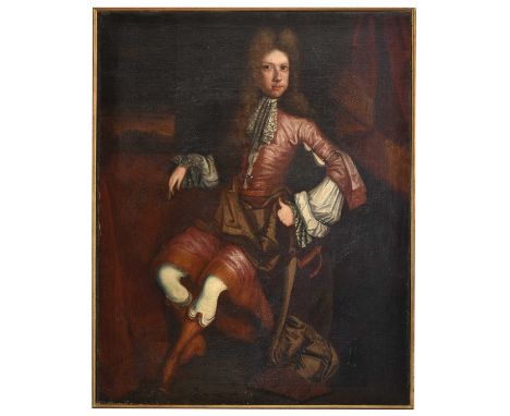 Follower of Sir Peter Lely (1618-1680)Portrait of young gentleman, full length seated, wearing a red satin outfit with lace c