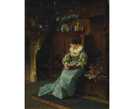 {} Albert Friedrich Schröder (1854-1939) GermanA lady in period 17th-century costume seated in an oak-panelled interior, hold