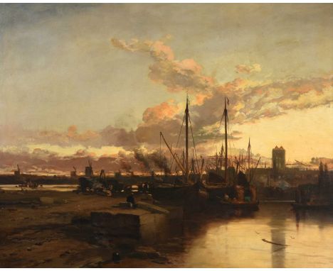 James Webb (1825-1895)Dutch harbour scene at dusk, probably DordrechtSigned, oil on canvas, 100cm by 125.5cm Condition report