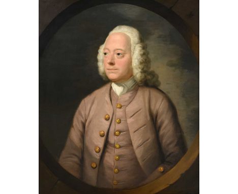 Attributed to Robert Edge Pine (1727-1788)Portrait of a gentleman, half-length, wearing a mauve silk waistcoat and jacket dec