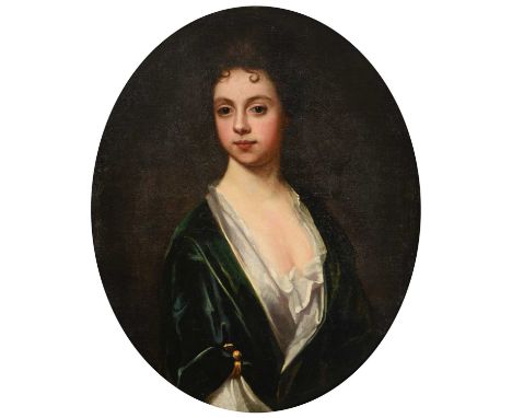 Follower of Sir Godfrey Kneller (1646-1723)Portrait of an elegant lady, half-length, wearing a green velvet robe over a white