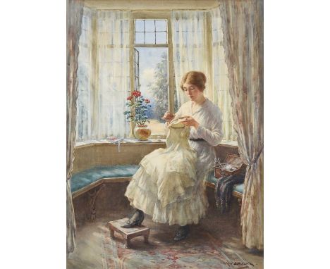 William Kay Blacklock (1872-1922) Portrait of a lady undertaking needlework beside a window, believed to be the artist's wife