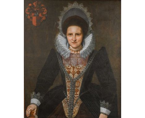 Follower of Marcus Gheeraerts the Younger (1561-1635) Flemish Portrait of a noble woman, three quarter length, wearing a fine