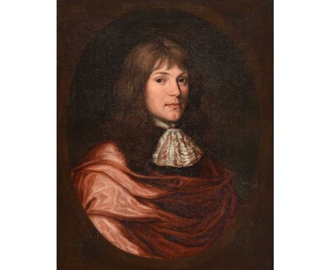 Circle of John Michael Wright (1617-1694)Portrait of a gentlemen, head and shoulders, wearing a fine lace cravat and a dark r