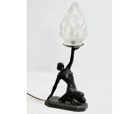 An Art Deco style brass table lamp with flame frosted glass shade. 19x46cm. 