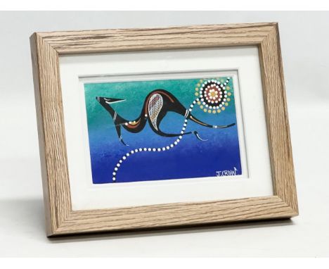 An aboriginal oil painting by J. Crow. 15x10cm. Frame 23x18cm. 