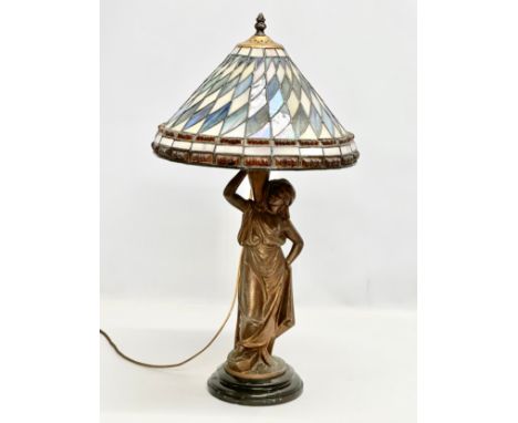 An Early 20th Century speltre table lamp on marble base. With Tiffany style shade. 30x59cm 