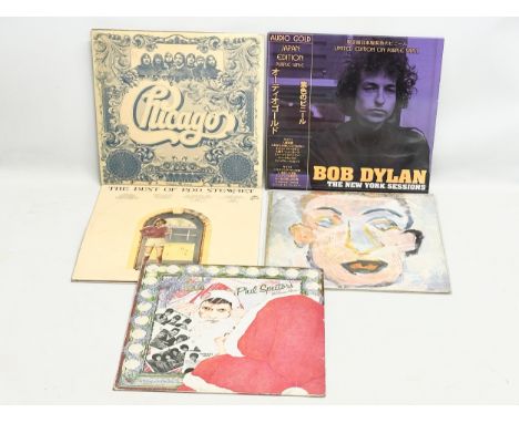 A collection of LP, vinyl records. Bob Dylan, Chicago, Phil Spector, Rod Stewart. 