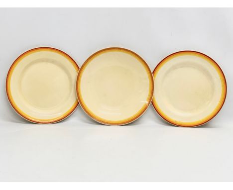 3 Newport Pottery ‘Bizarre’ Sunshine plates by Clarice Cliff. 1930’s. 23cm 
