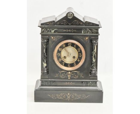 A large Late 19th Century Victorian painted inlaid slate mantle clock with marble columns. With keys and pendulum. 32x16x43cm