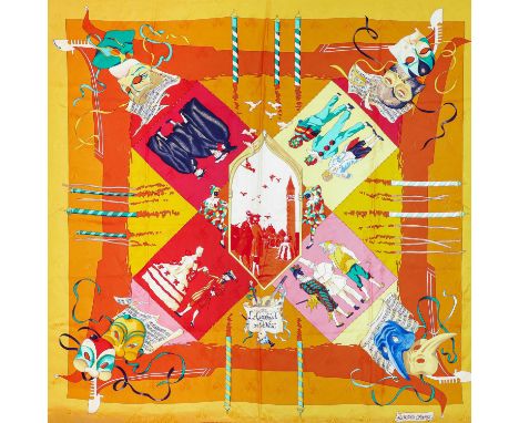 HERMÈS Seidencarré "LE CARNAVAL DE VENISE". Designed by Hubert de Watrigant, erstmals erschienen 1993, 100% Seide in Orangetö