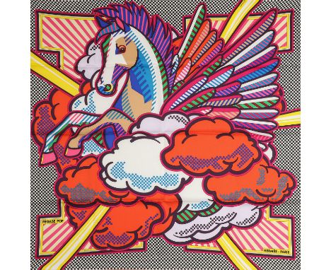 HERMÈS Seidentuch "PÉGASE POP", 65x65cm. Designed by Dimitri Rybaltchenko. 100% Seide in Bunt mit kräftigen Farben und handro