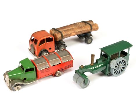 Triang Minic Clockwork group of 3 to include (1) 33M steam roller, (2) 32M Refuse Collector and (3) 74M Log Carrier - conditi