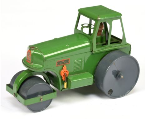 Triang Minic Clockwork M108 Road Roller Large Scale - Green with Grey rollers and figure driver - Good Plus still a bright ex