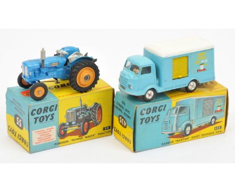 Corgi Toys 55 Fordson Power Major Tractor - Blue body, dull orange hubs and silver trim and 435 Karrier "Drive Safety On Milk