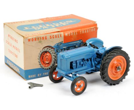Chad Valley Fordson Tractor with Clockwork Motor - Blue including tinplate opening engine side covers orange hubs - Good Plus