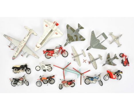 Dinky Toys unboxed Aircraft group to include Gloster Javelin, Shooting Star, Sea Vixen plus others and Motorbikes group to in