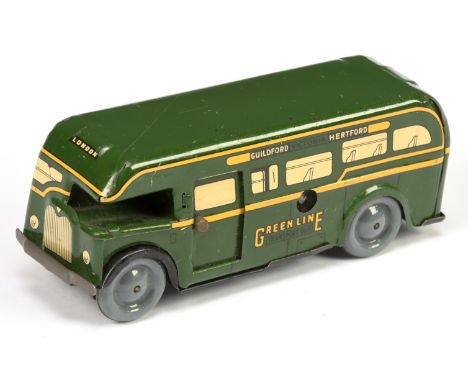 Wells Brimtoy Single Decker Bus "Greenline" - Tinplate Clockwork issue finished in Green, grey wheels&nbsp; - Good Plus to Ex