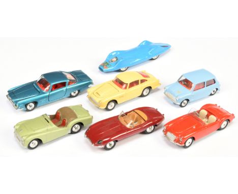 Corgi Toys group of 7 to include Aston Martin DB4, MGA Sports Car, Jaguar Type-E, Morris Mini Minor, plus others - conditions