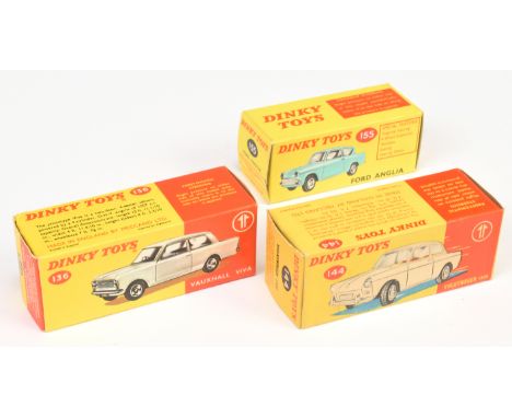 Dinky Toys Empty Boxes to include (1) 136 Vauxhall Viva Saloon, (2) 144 Volkswagen 1500 and (3) 155 Ford Anglia Saloon - yell