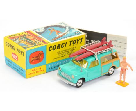 Corgi Toys 485 BMC Mini Countryman "Surfing" - Turquoise body, lemon interior, chrome rack with maroon surf&nbsp; boards and 