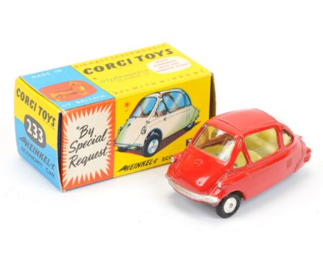 Corgi Toys 233 Heinkel Economy Car - Red body, lemon interior, silver trim and flat spun hubs - Excellent (a couple of small 