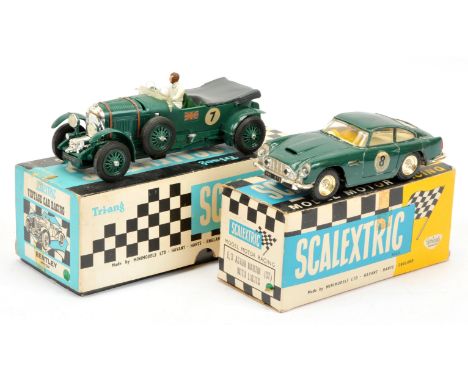 Scalextric Slot Cars a pair (1) - MM/C64 Bentley - Green with Racing No.1 and (2) E/3 Aston martin with lights - Green with r