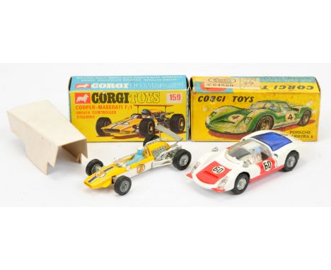 Corgi Toys 159 Cooper-Maserati Racing Car - Two-Tone yellow and white, figure driver, Racing No.3 and 330 Porsche Carrera 6 R