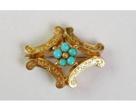 Victorian turquoise unmarked yellow gold brooch, five small round cabochon cut turquoise in flower head design to centre, cha