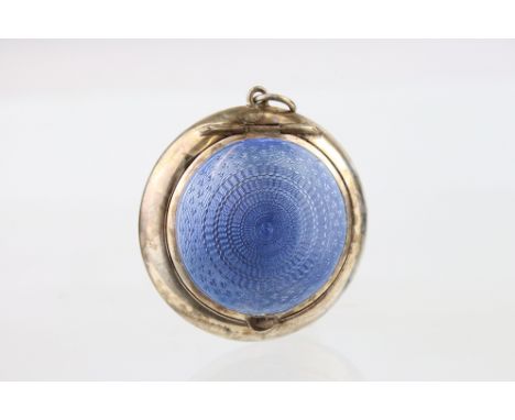 Enamelled circular silver pill box, guilloche blue enamel hinged lid, plain polished body, gilt interior, makers Crisford &am