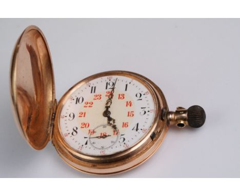 Full hunter top wind 14ct rose gold pocket watch, the cased with engraved crest, white and cream enamel dial, black and red A