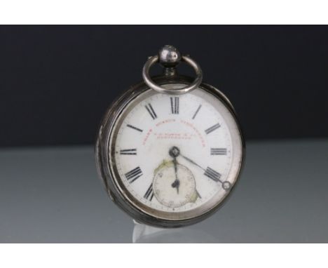 Victorian silver open faced key wind pocket watch, the white enamel dial with Coast Guards Timekeeper W E Watts &amp; Co, Glo