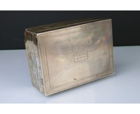 Silver cigarette box, the engine turned hinged lid engraved "Mister 19-10-37" makers Deakin &amp; Francis, Birmingham 1927, l