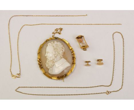Victorian shell cameo yellow metal brooch depicting a gentleman's profile; a 9ct yellow gold fine chain link necklace, a brok