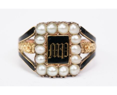 George III pearl and enamelled unmarked rose gold mourning ring, the central rectangular enamelled black panel with gold inla