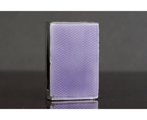 Enamelled silver match box holder, purple guilloche enamel to the top, plain polished silver sides and base, hallmarks rubbed