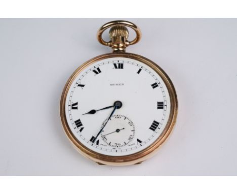 Buren 9ct yellow gold top wind pocket watch, white enamel dial and seconds dial, black Roman numerals and poker hands, 9ct go