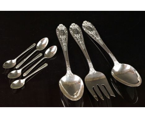 American silver serving set comprising two serving spoons and a serving fork, Fontaine pattern, initialled terminals, stamped